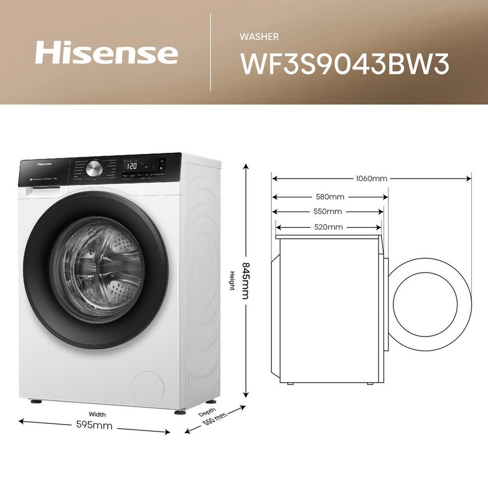 Hisense 9kg 3S Series Washing Machine 1400rpm WF3S9043BW3 - White Hisense 9kg 3S Series Washing Machine 1400rpm WF3S9043BW3 - White