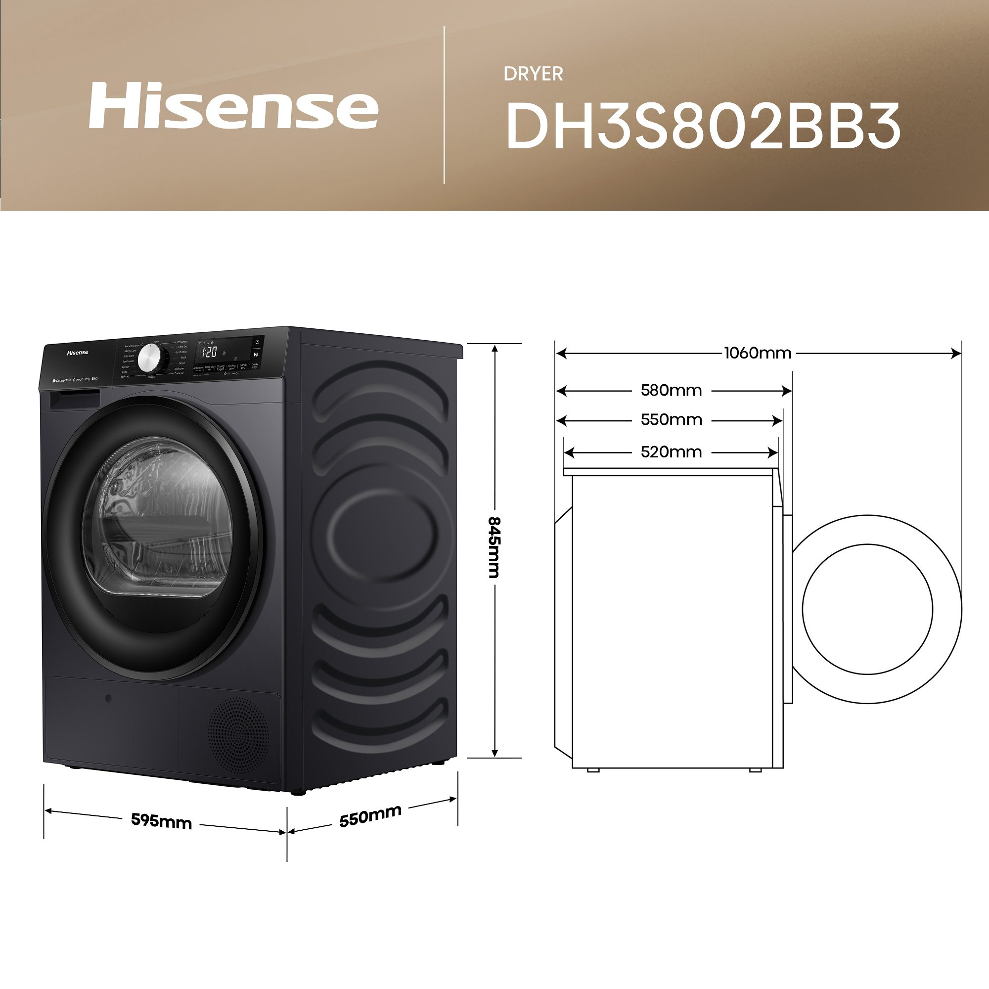 Hisense 8kg 3S Series Heat Pump Condenser Tumble Dryer DH3S802BB3 - Black Hisense 8kg 3S Series Heat Pump Condenser Tumble Dryer DH3S802BB3 - Black