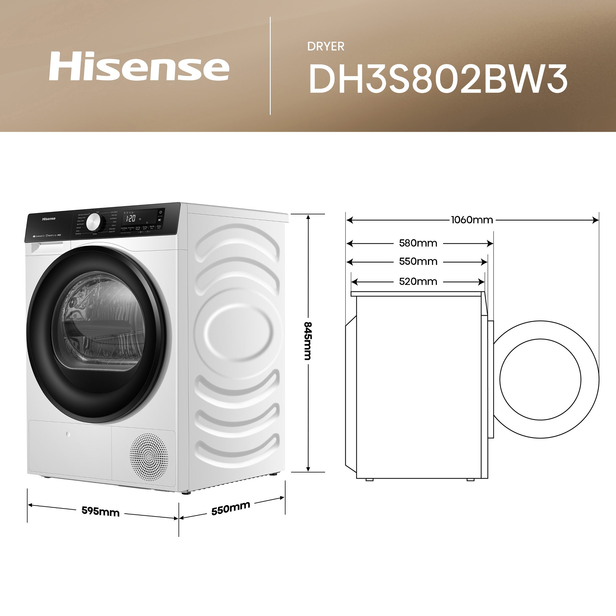 Hisense 8kg 3S Series Heat Pump Condenser Tumble Dryer DH3S802BW3 - White Hisense 8kg 3S Series Heat Pump Condenser Tumble Dryer DH3S802BW3 - White