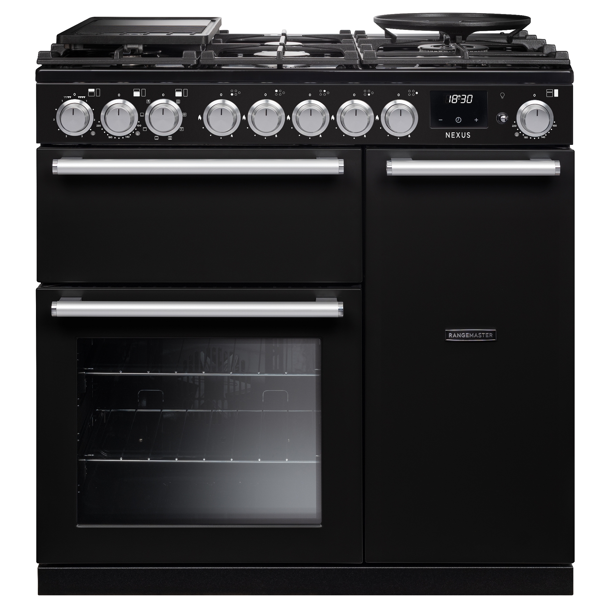 Rangemaster NEX90DFPCBL/CM1 Nexus 90cm Dual Fuel Range Cooker Chrome Trim 16347 - Charcoal Black
