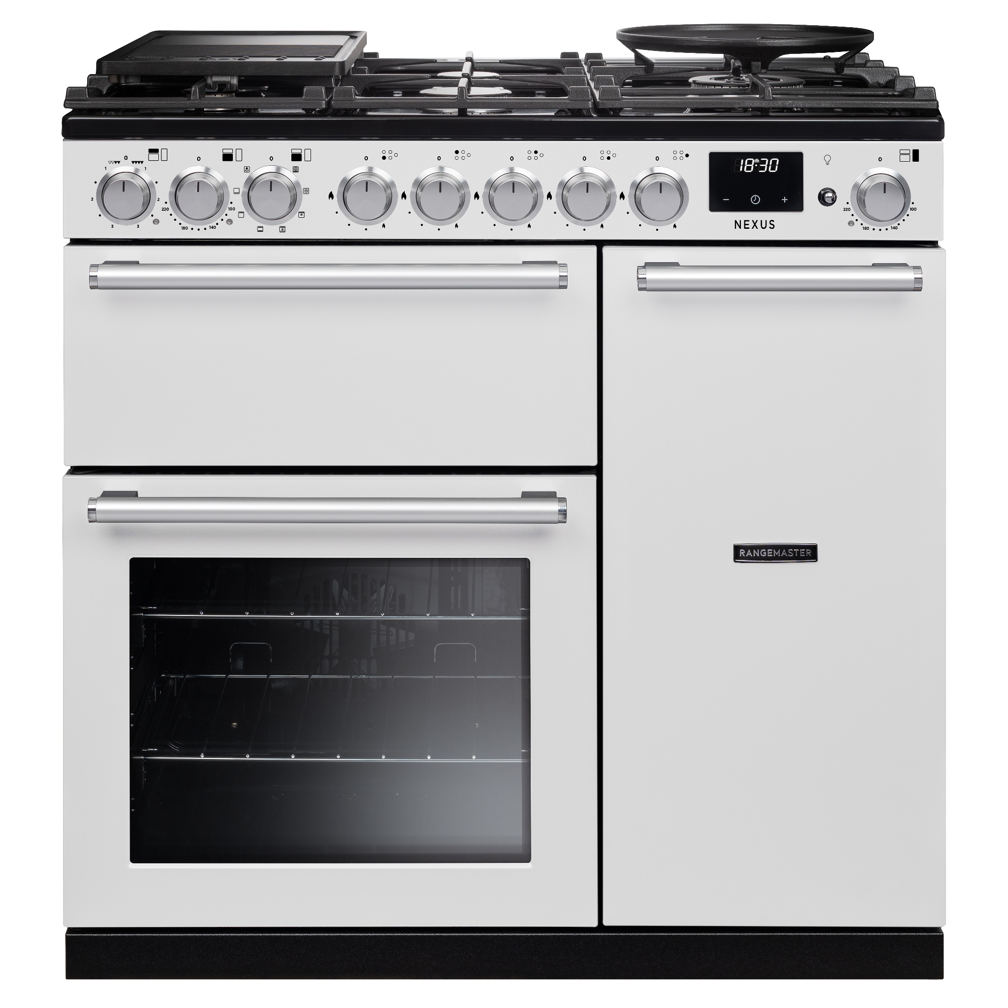 Rangemaster NEX90DFPWHT/CM1 Nexus 90cm Dual Fuel Range Cooker Chrome Trim 16349 - White