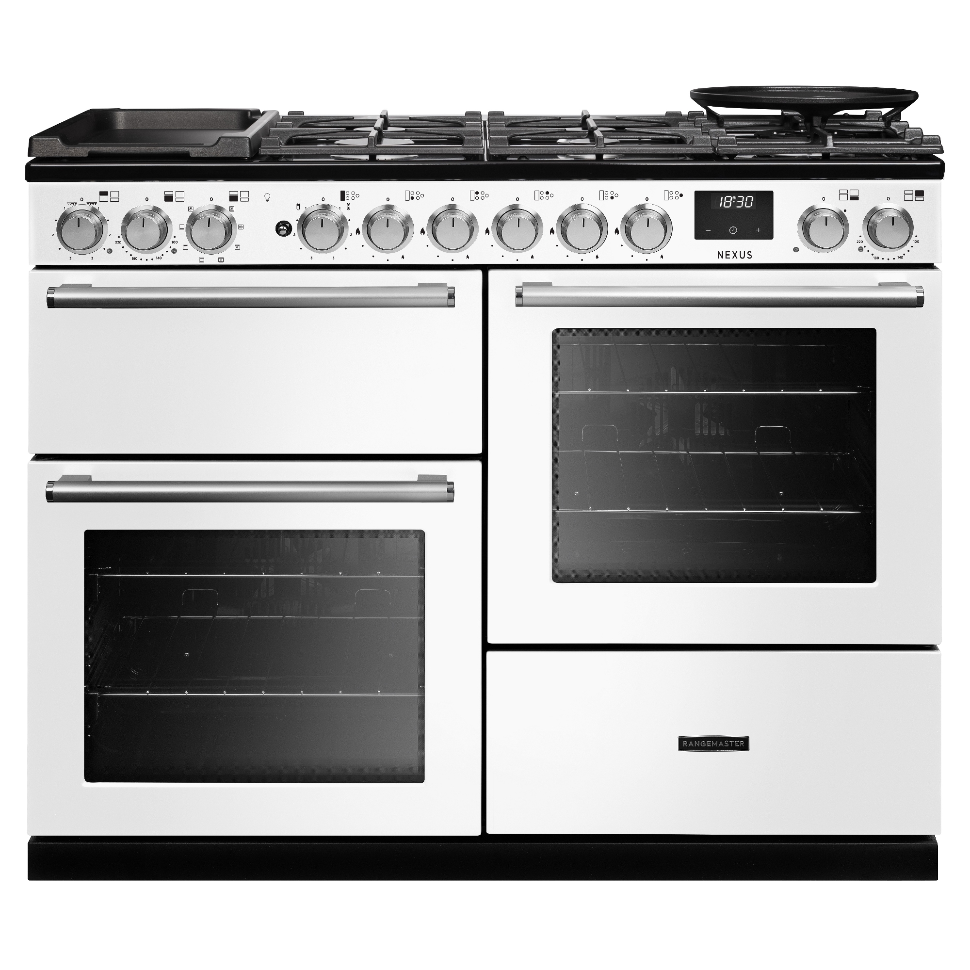 Rangemaster NEXO110DFPWHT/CM1 Nexus OC 110cm Dual Fuel Range Cooker Chrome Trim 16419 - White