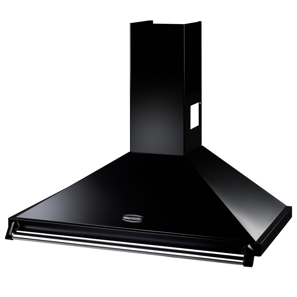 Rangemaster 110cm Classic Chimney Hood With Brass Rail And Badge RCLAHDC110BL/B - Black Rangemaster 110cm Classic Chimney Hood With Brass Rail And Badge RCLAHDC110BL/B - Black