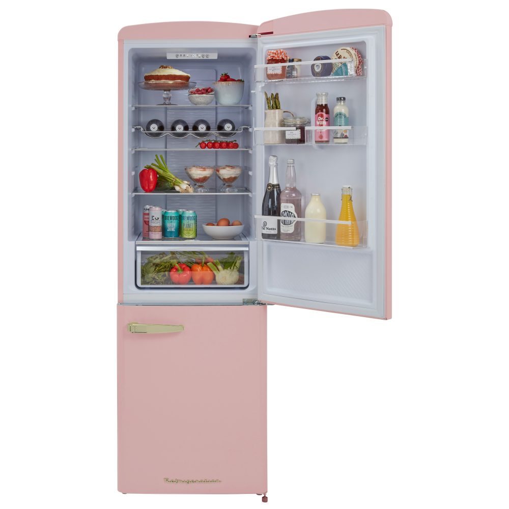 CDA 60cm Retro Frost Free Fridge Freezer FLORENCE TEA ROSE - PINK CDA 60cm Retro Frost Free Fridge Freezer FLORENCE TEA ROSE - PINK