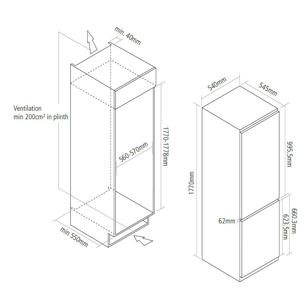 Caple 177cm Integrated 70/30 Frost Free Fridge Freezer RI7321 Caple 177cm Integrated 70/30 Frost Free Fridge Freezer RI7321