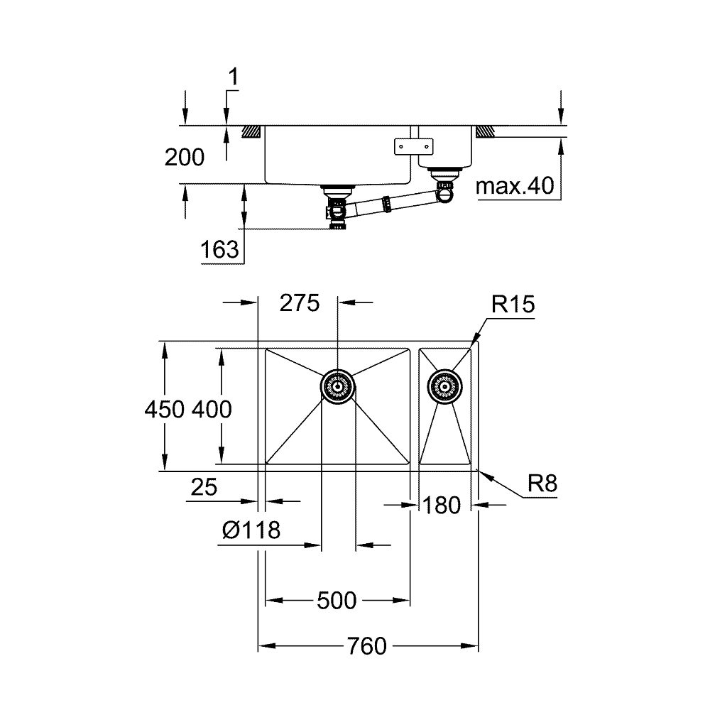 Grohe K700 1.5BLH760 76cm 1.5 Bowl Undermount Sink 31575SD1 - STAINLESS STEEL Grohe K700 1.5BLH760 76cm 1.5 Bowl Undermount Sink 31575SD1 - STAINLESS STEEL