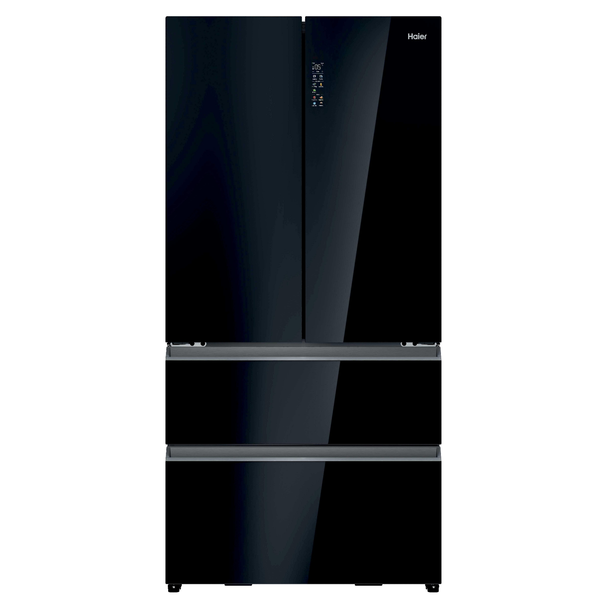 Haier Series 7 French Style Fridge Freezer With Ice Maker Non Plumbed HFR79F19DFGB - Black Glass