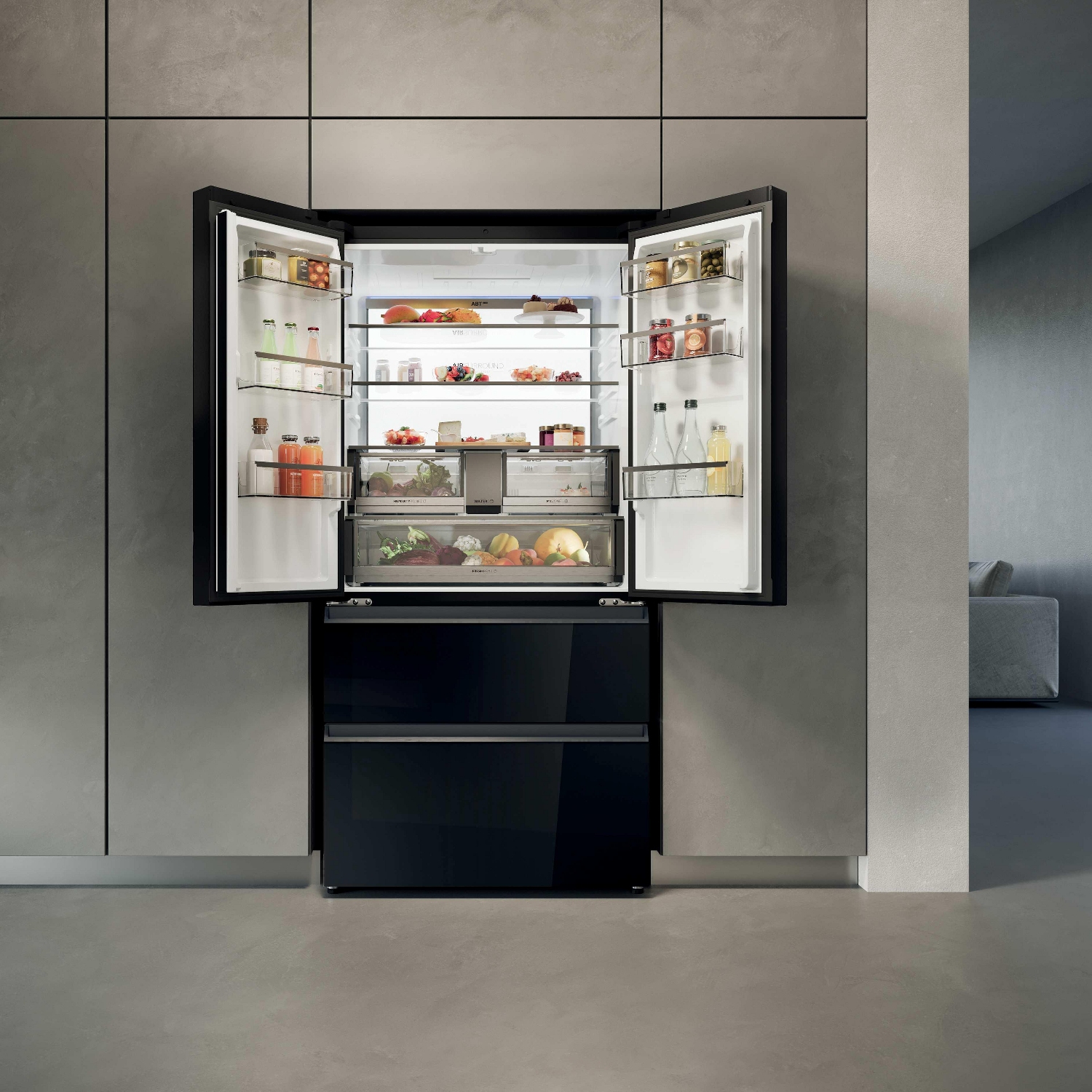 Haier Series 7 French Style Fridge Freezer With Ice Maker Non Plumbed HFR79F19DFGB - Black Glass Haier Series 7 French Style Fridge Freezer With Ice Maker Non Plumbed HFR79F19DFGB - Black Glass