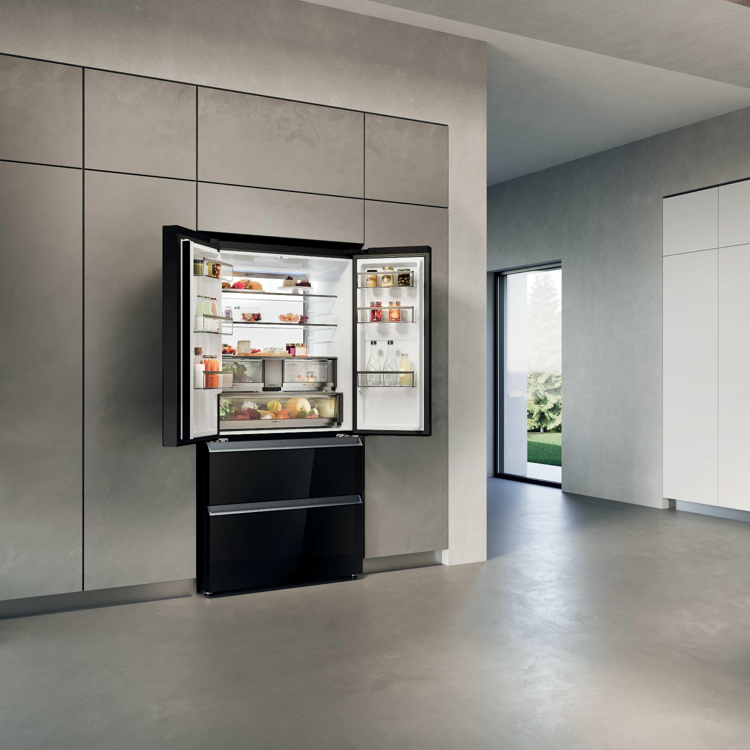 Haier Series 7 French Style Fridge Freezer With Ice Maker Non Plumbed HFR79F19DFGB - Black Glass Haier Series 7 French Style Fridge Freezer With Ice Maker Non Plumbed HFR79F19DFGB - Black Glass