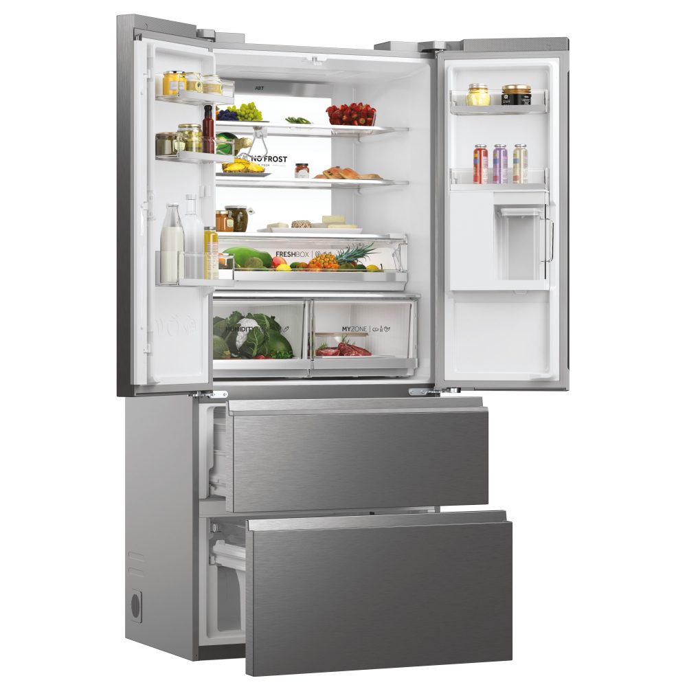 Haier French Style 4 Door Fridge Freezer With Water Dispenser Non Plumbed HFW7819EWMP - PLATINUM INOX Haier French Style 4 Door Fridge Freezer With Water Dispenser Non Plumbed HFW7819EWMP - PLATINUM INOX