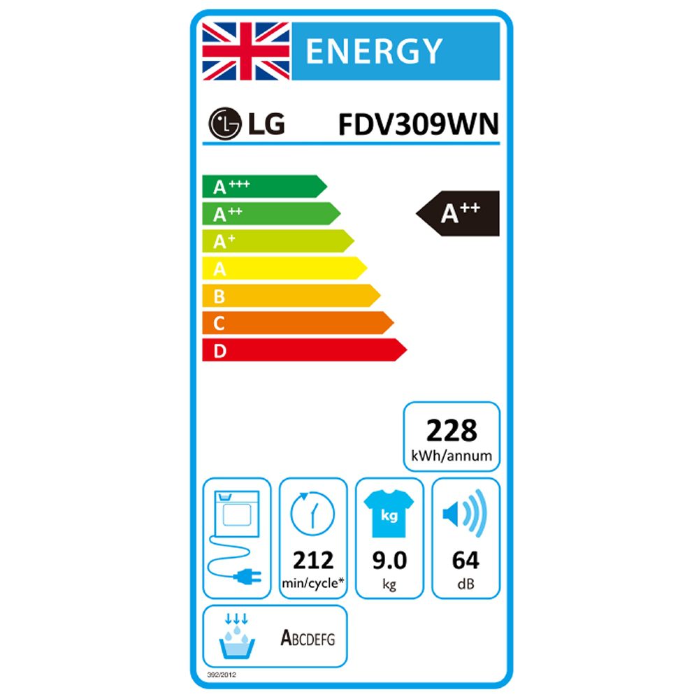LG 9kg Eco Hybrid Heat Pump Condenser Tumble Dryer FDV309WN - WHITE LG 9kg Eco Hybrid Heat Pump Condenser Tumble Dryer FDV309WN - WHITE