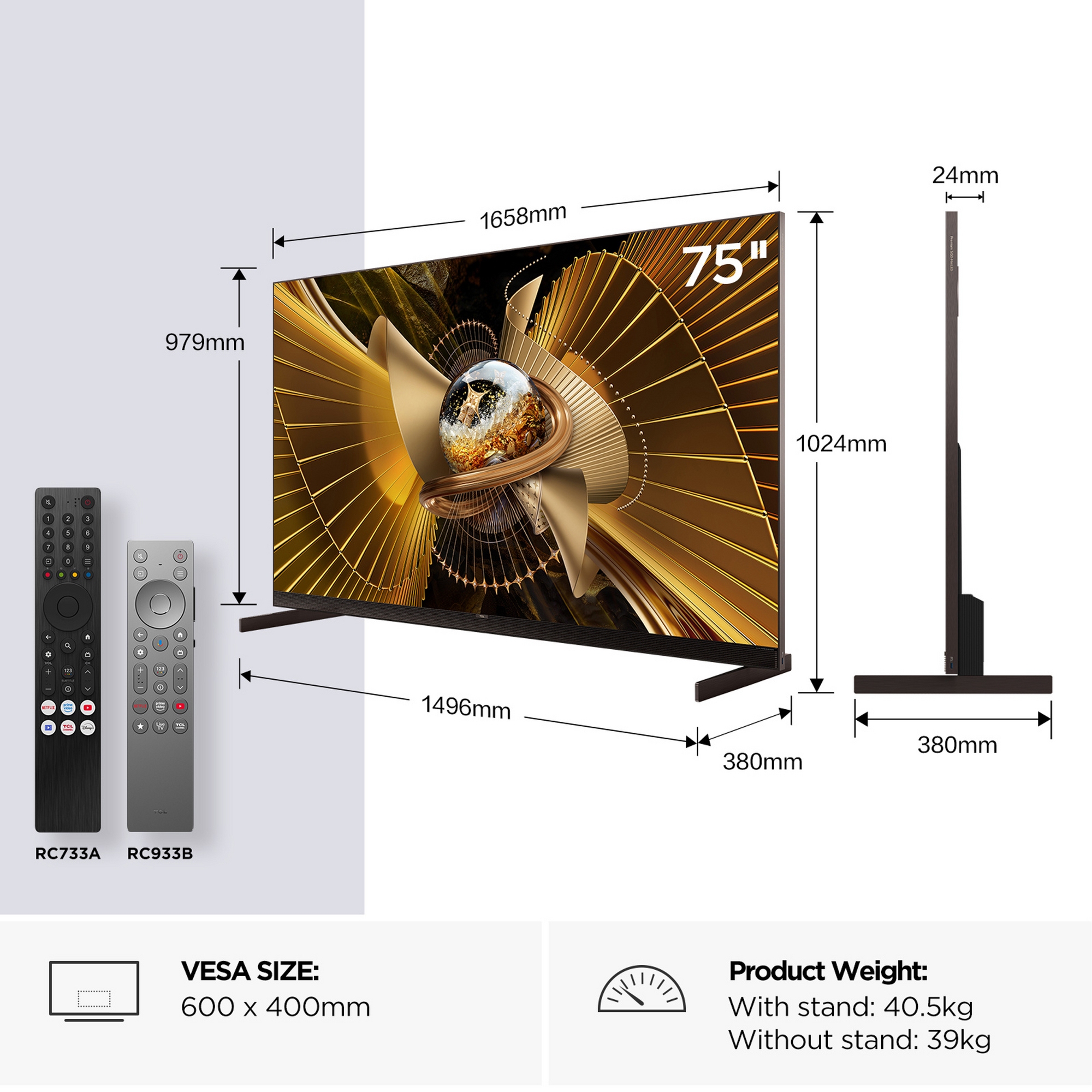 TCL 75" SQD Mini LED 4K UHD TV, 144 Hz, Smart Google TV, Audio by Bang + Olufsen 75X11L-UK - Black TCL 75" SQD Mini LED 4K UHD TV, 144 Hz, Smart Google TV, Audio by Bang + Olufsen 75X11L-UK - Black