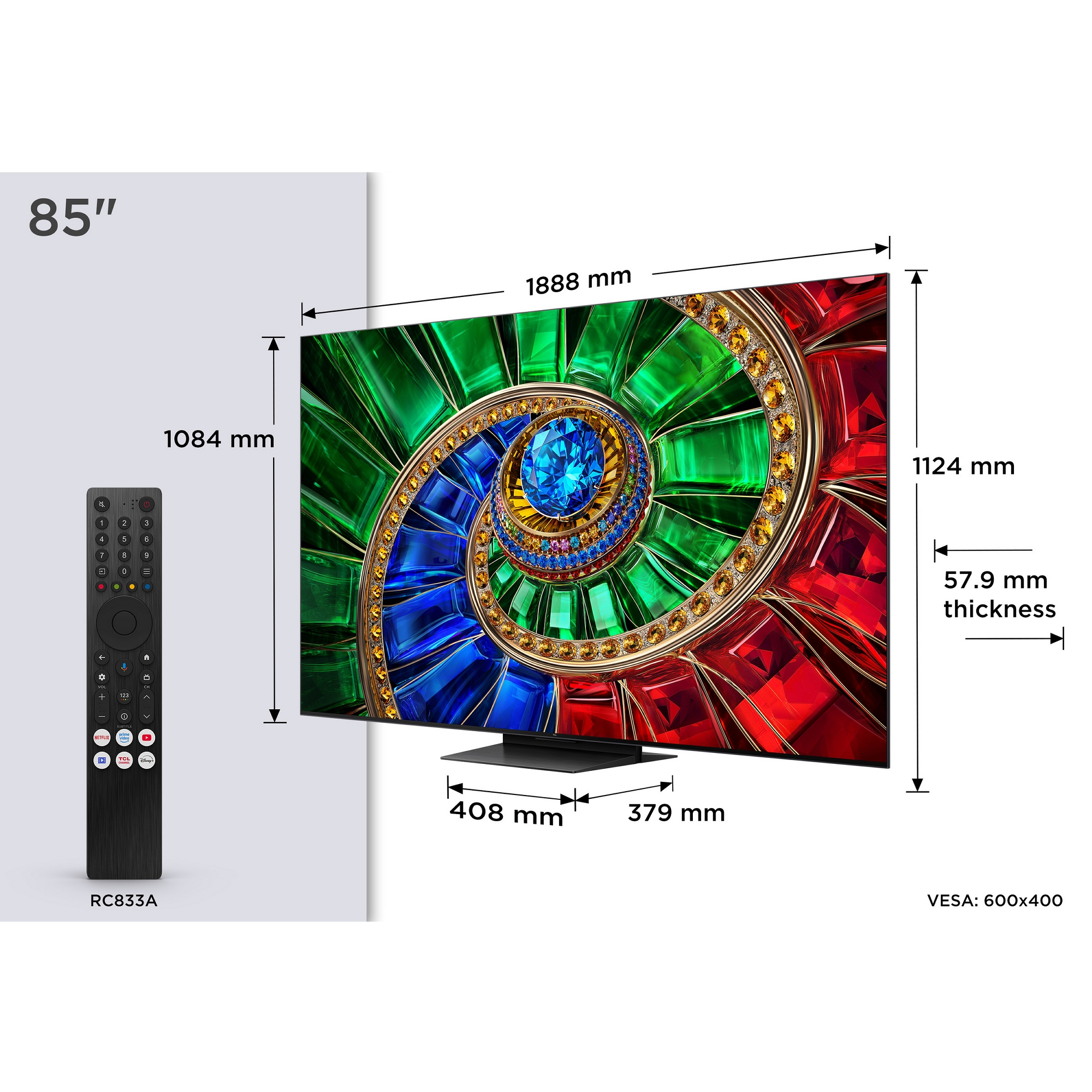 TCL 85″ RGB Mini LED TV, 4K UHD, 144Hz, Smart Google TV 85RM7L-UK - Black TCL 85″ RGB Mini LED TV, 4K UHD, 144Hz, Smart Google TV 85RM7L-UK - Black