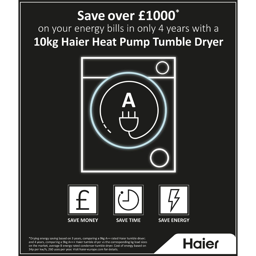 Haier 9kg I-Pro Series 5 Heat Pump Condenser Tumble Dryer HD90-A2959 - WHITE Haier 9kg I-Pro Series 5 Heat Pump Condenser Tumble Dryer HD90-A2959 - WHITE