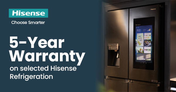 Hisense: 5 Year Warranty on Refrigeration promotional image. Shop all products below.