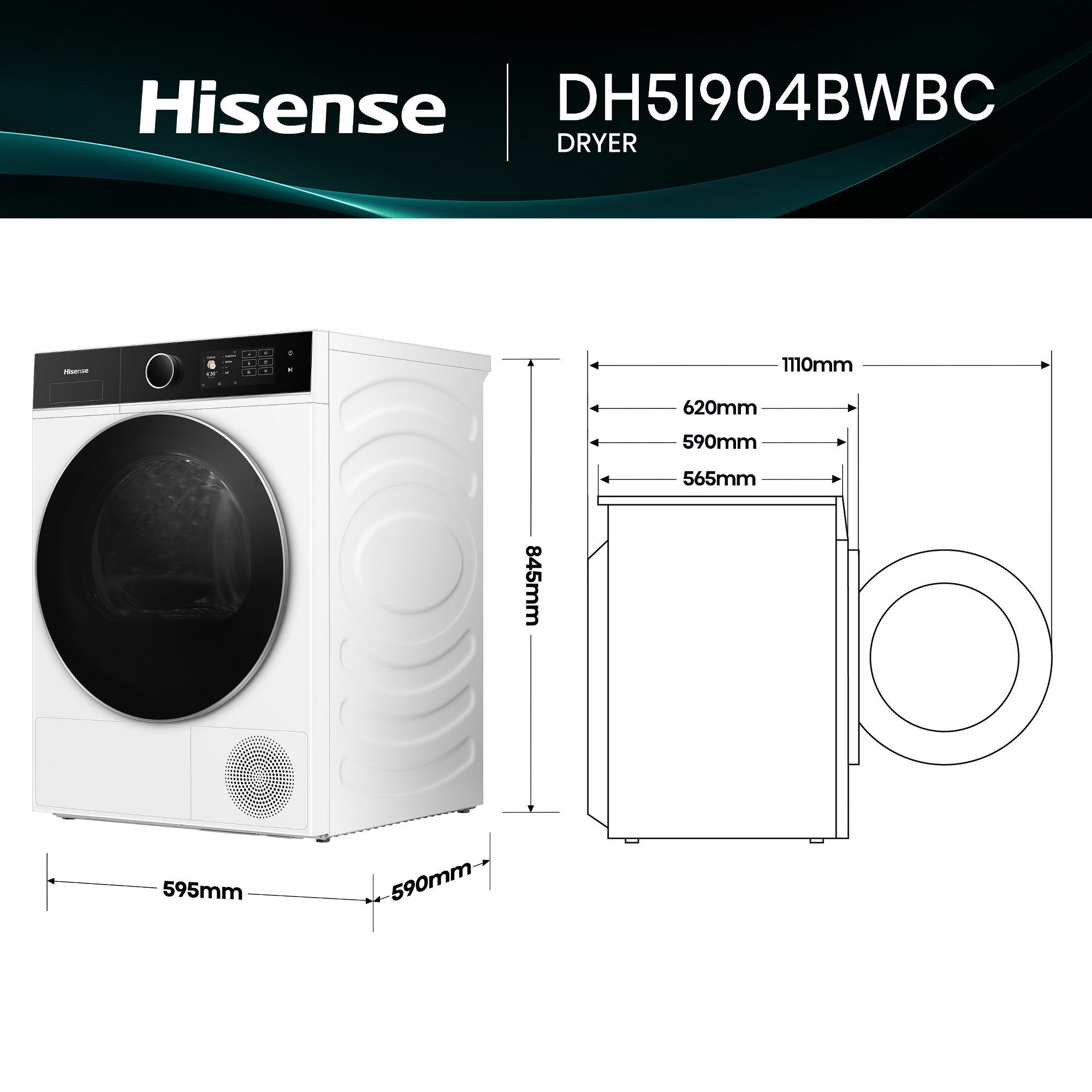 Hisense 9kg KitchenFit 5i Series Heat Pump Condenser Dryer DH5I904BWBC - White Hisense 9kg KitchenFit 5i Series Heat Pump Condenser Dryer DH5I904BWBC - White