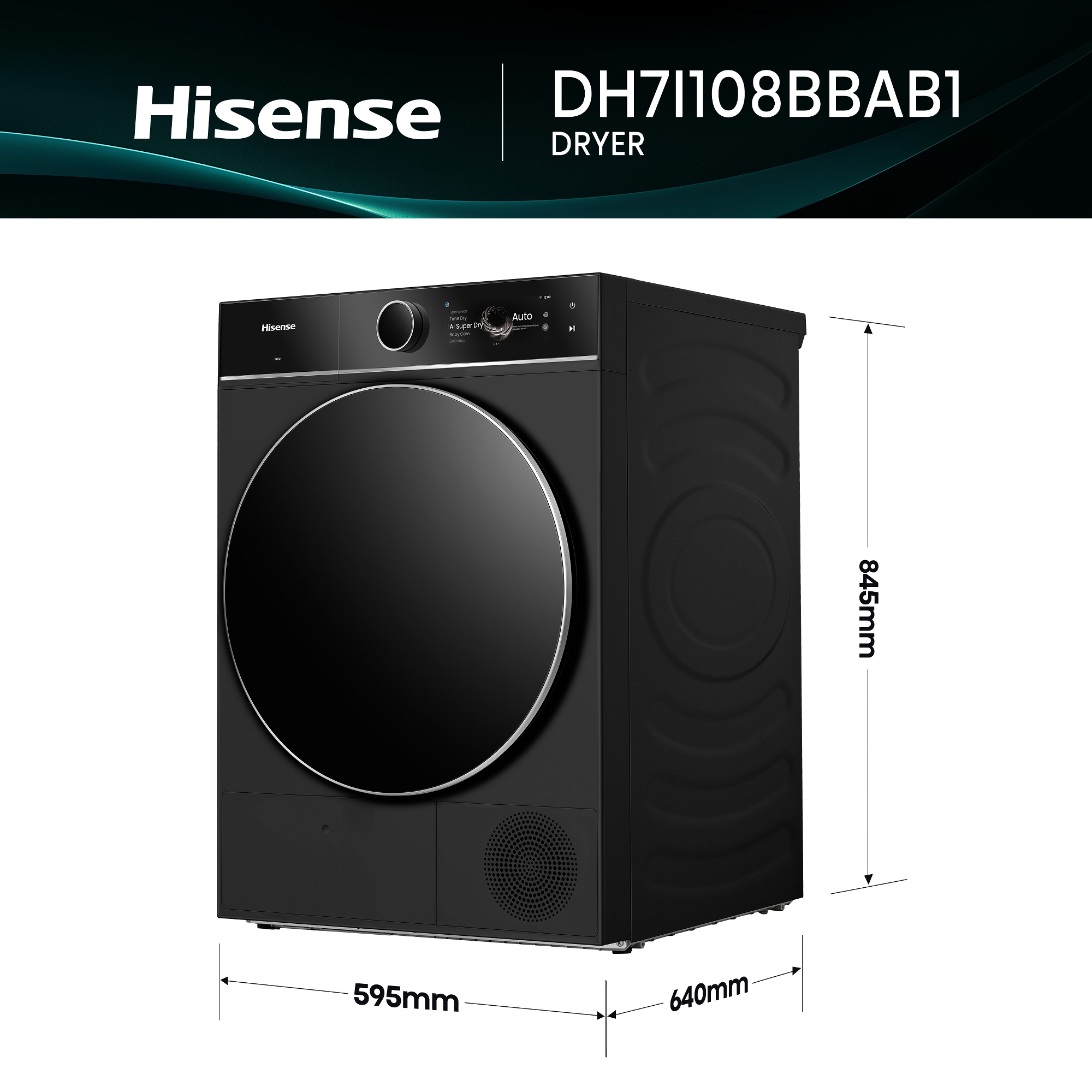 Hisense 10kg 7i Series Heat Pump Condenser Dryer DH7I108BBAB1 - Black Hisense 10kg 7i Series Heat Pump Condenser Dryer DH7I108BBAB1 - Black