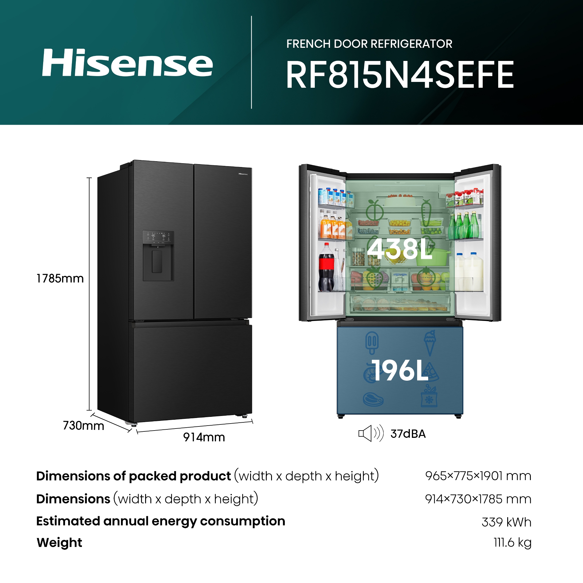 Hisense French Style Fridge Freezer Ice & Water RF815N4SEFE - Black Steel Hisense French Style Fridge Freezer Ice & Water RF815N4SEFE - Black Steel