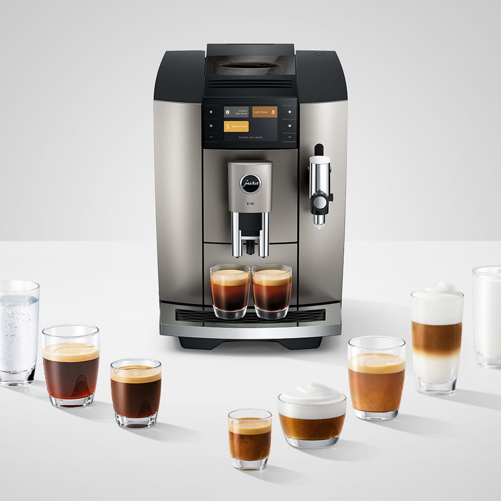 Jura E8 Freestanding Fully Automatic Coffee Machine 15721 - Midnight Silver Jura E8 Freestanding Fully Automatic Coffee Machine 15721 - Midnight Silver