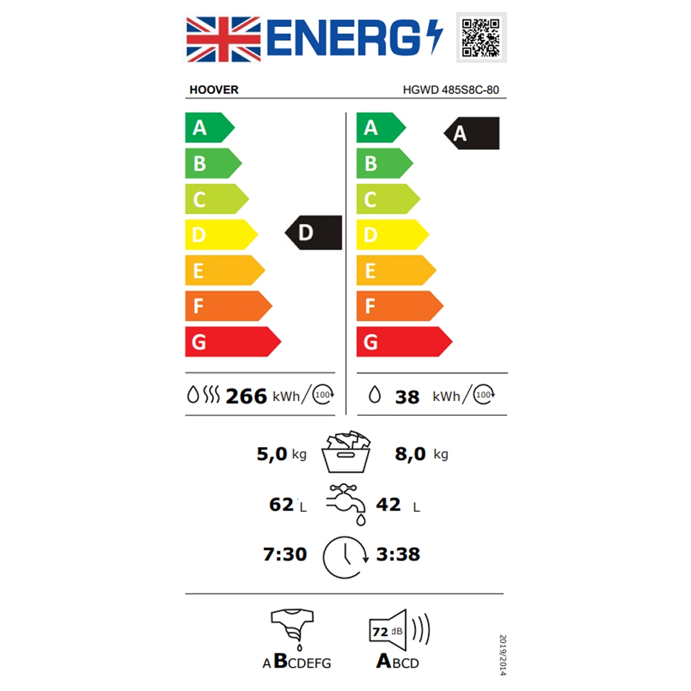 Hoover Series 3 8kg/5kg Washer Dryer HGWD 485S8C-80 - White Hoover Series 3 8kg/5kg Washer Dryer HGWD 485S8C-80 - White