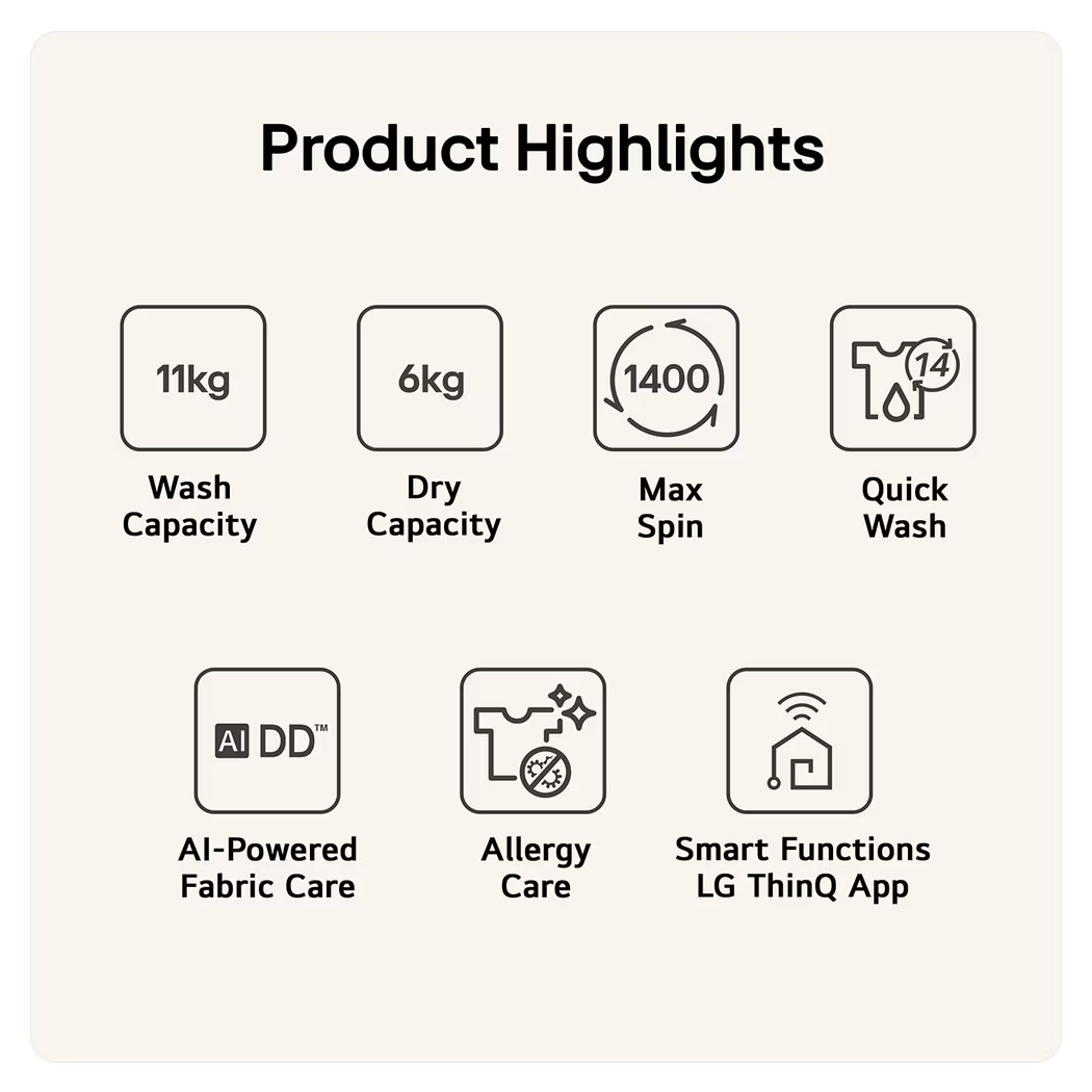LG Series 5 AI Direct Drive 11kg Washer Dryer W4X5016TLB - White LG Series 5 AI Direct Drive 11kg Washer Dryer W4X5016TLB - White