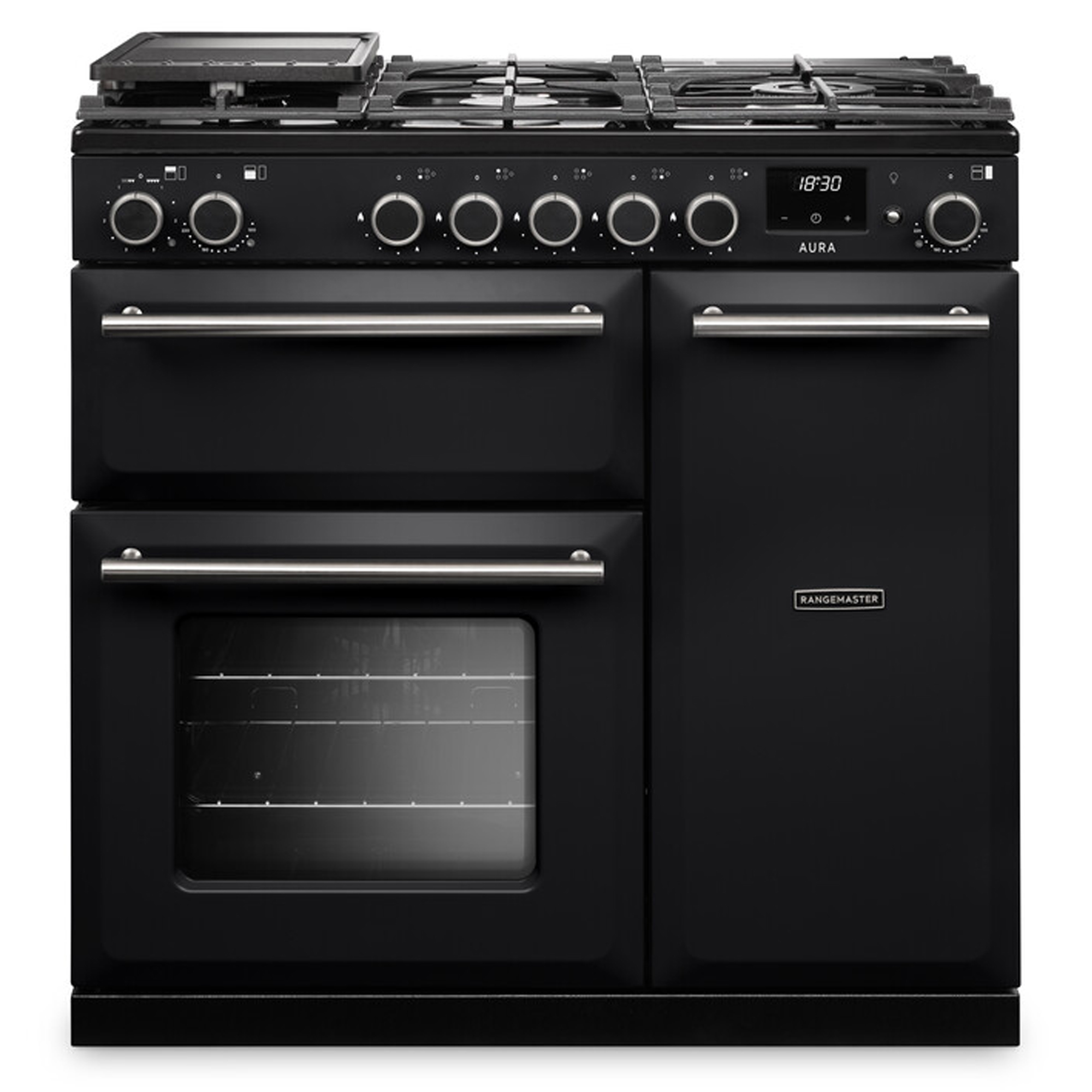 Rangemaster Aura 90cm Dual Fuel Range Cooker AURA90DFPCBL/BN1 - Charcoal Black / Brushed Nickel