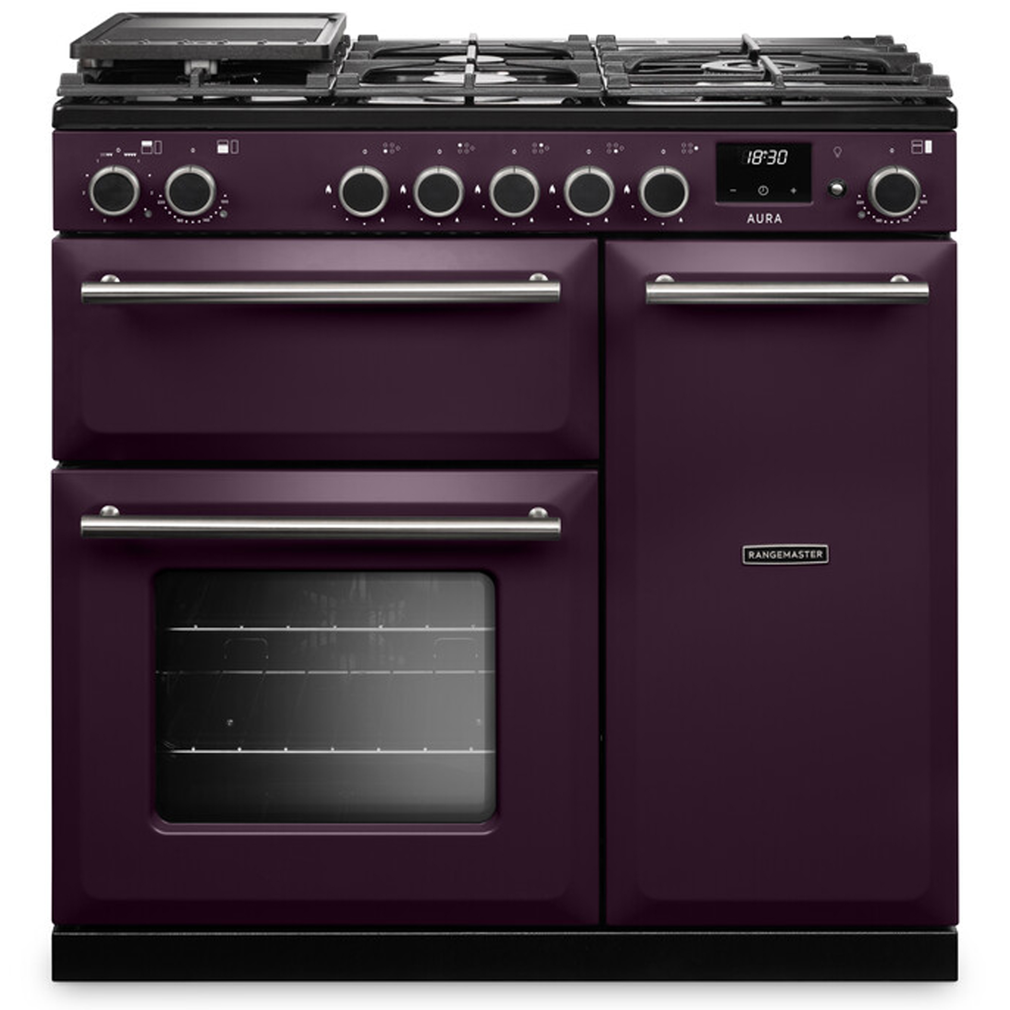 Rangemaster Aura 90cm Dual Fuel Range Cooker AURA90DFPPLM/BN1 - Plum / Brushed Nickel