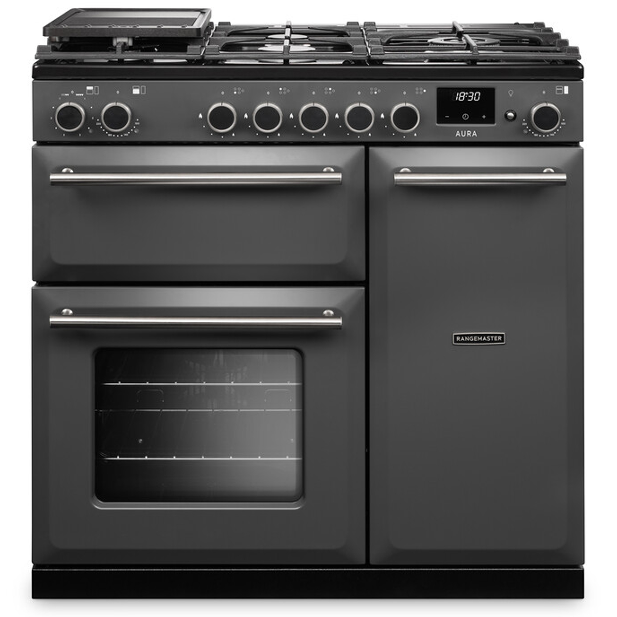 Rangemaster Aura 90cm Dual Fuel Range Cooker AURA90DFPSLT/BN1 - Slate / Brushed Nickel