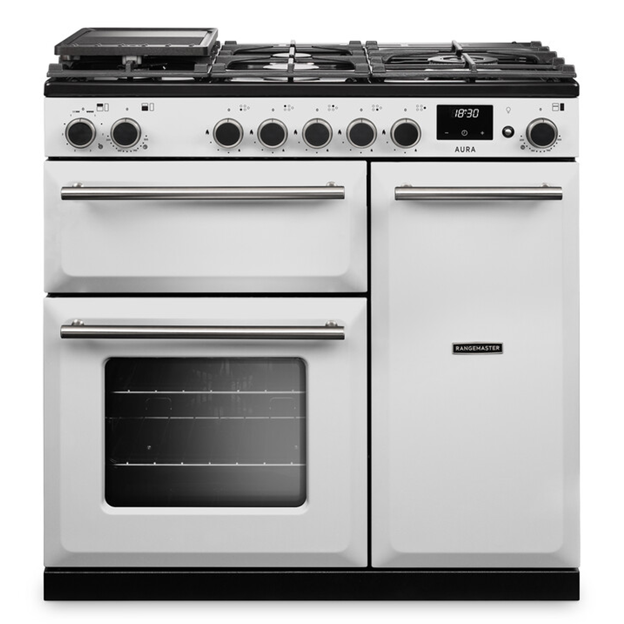 Rangemaster  Aura 90cm Dual Fuel Range Cooker AURA90DFPWHT/BN1 - White - Brushed Nickel
