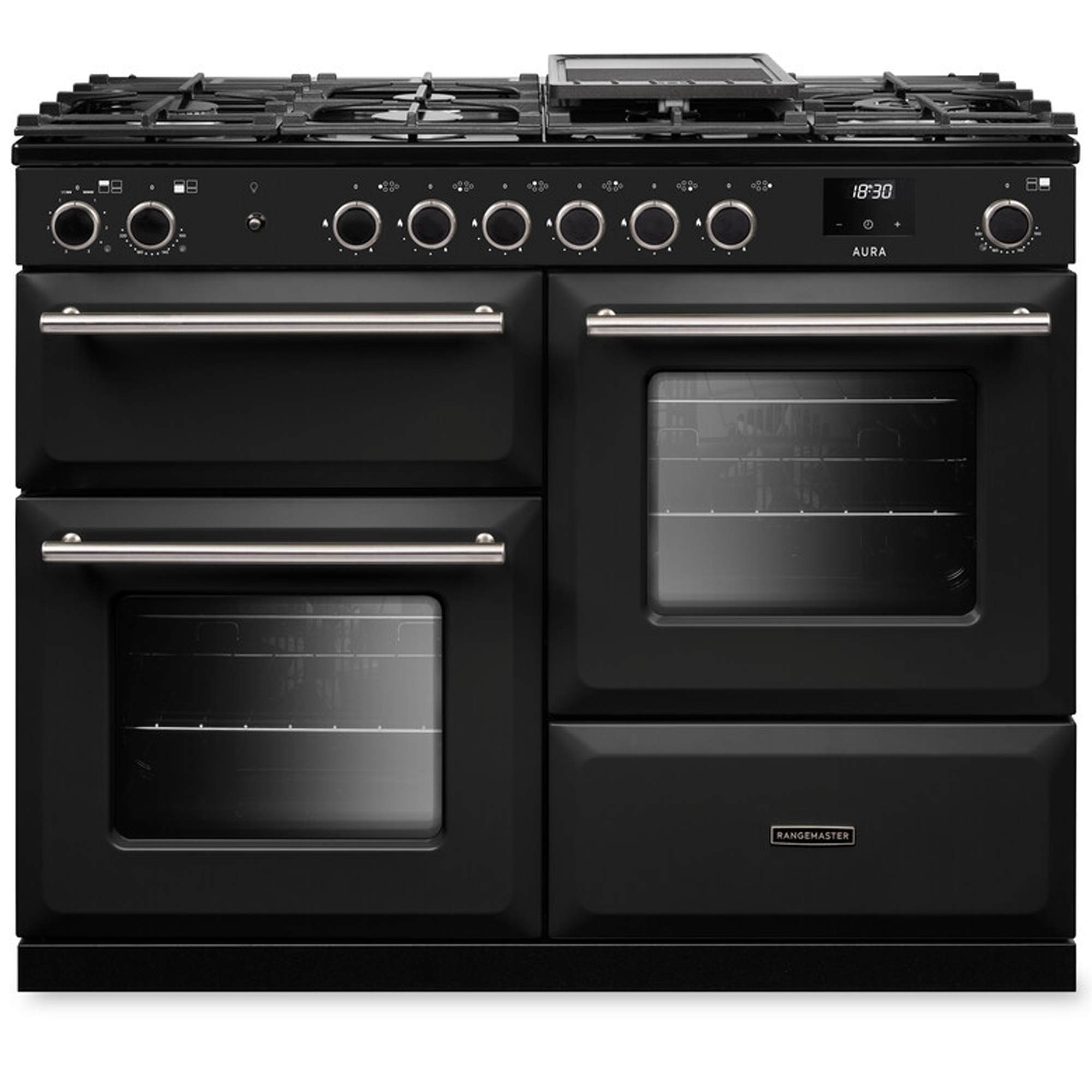Rangemaster Aura 110cm Dual FuelRange Cooker AURAO110DFPCBL/BN1 - Charcoal Black / Brushed Nickel