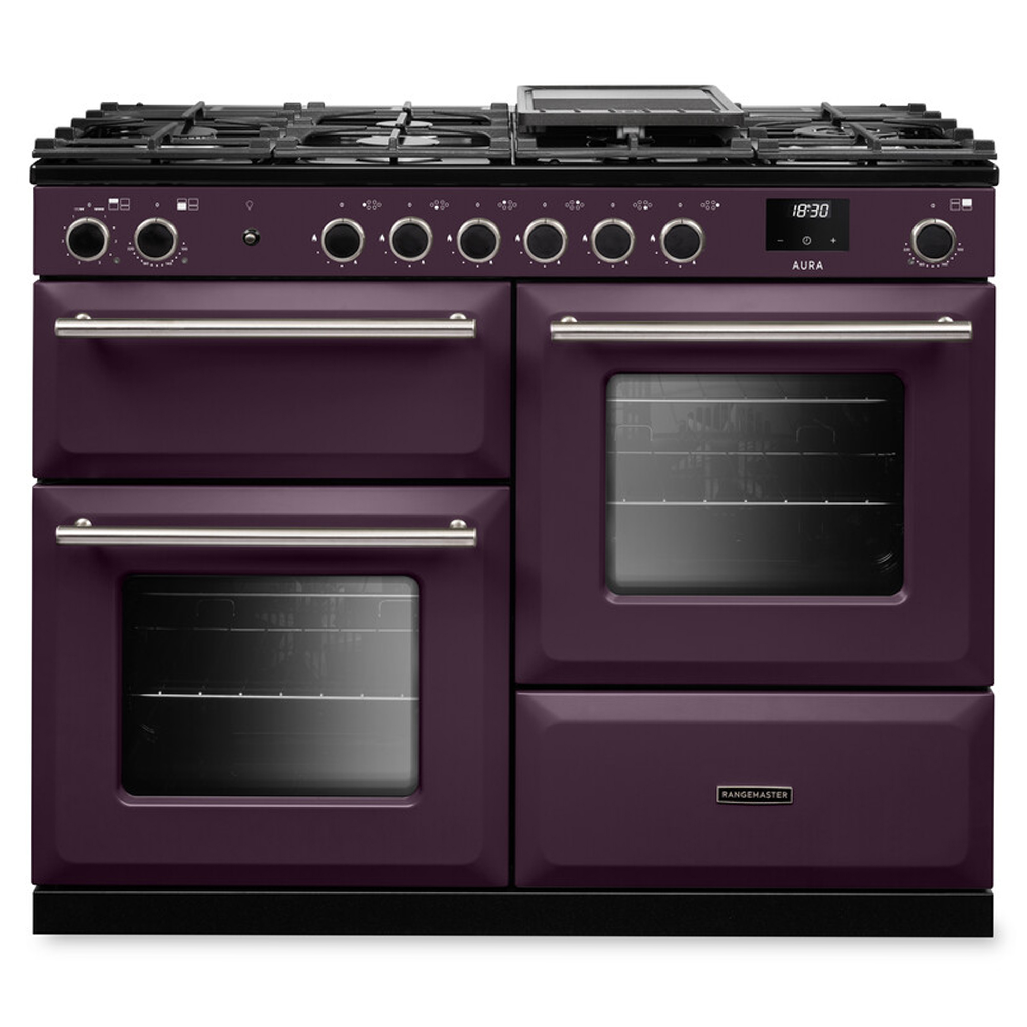 Rangemaster Aura 110cm Dual Fuel Range Cooker AURAO110DFPPLM/BN1 - Plum / Brushed Nickel