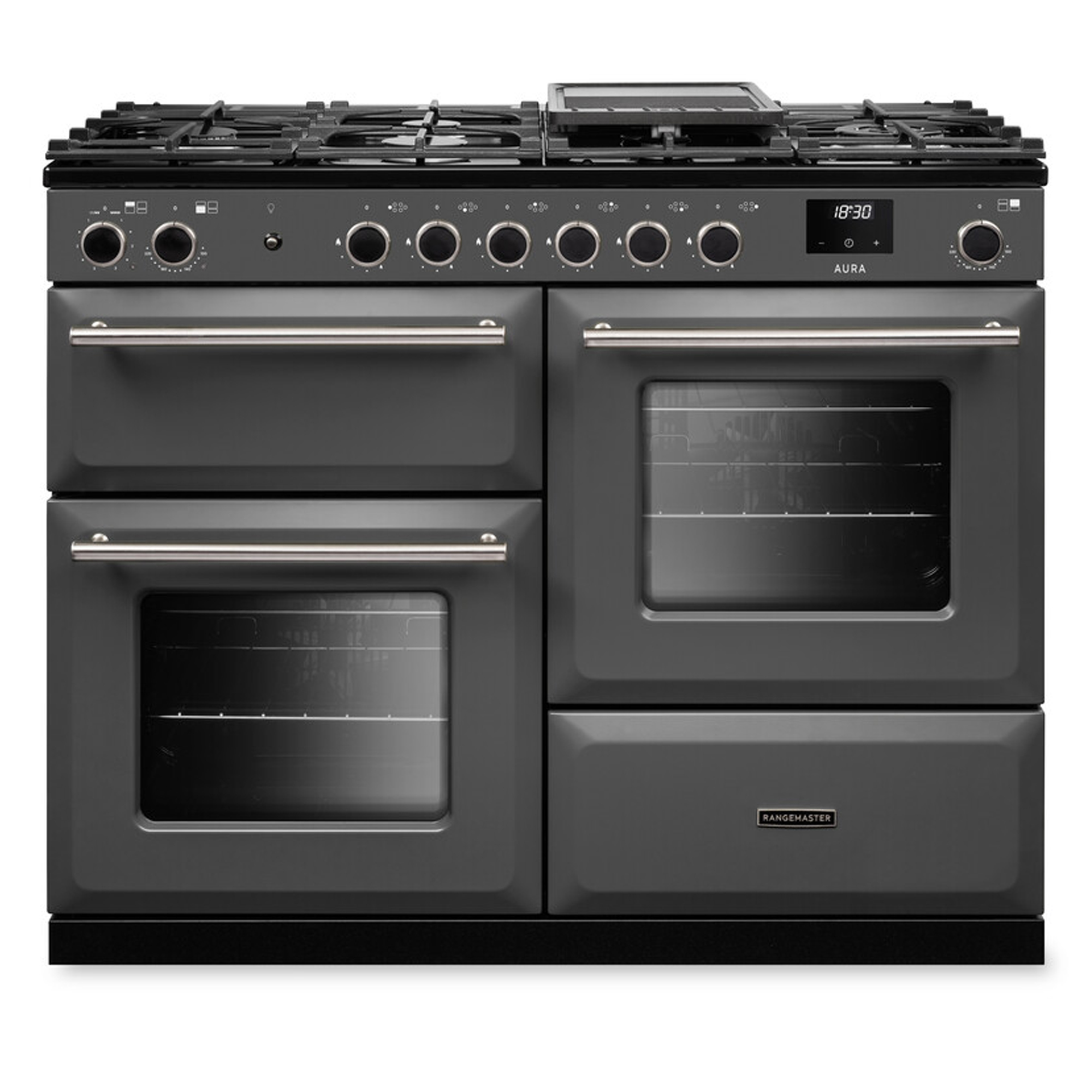 Rangemaster Aura 110cm Dual Fuel Range Cooker AURAO110DFPSLT/BN1 - Slate / Brushed Nickel