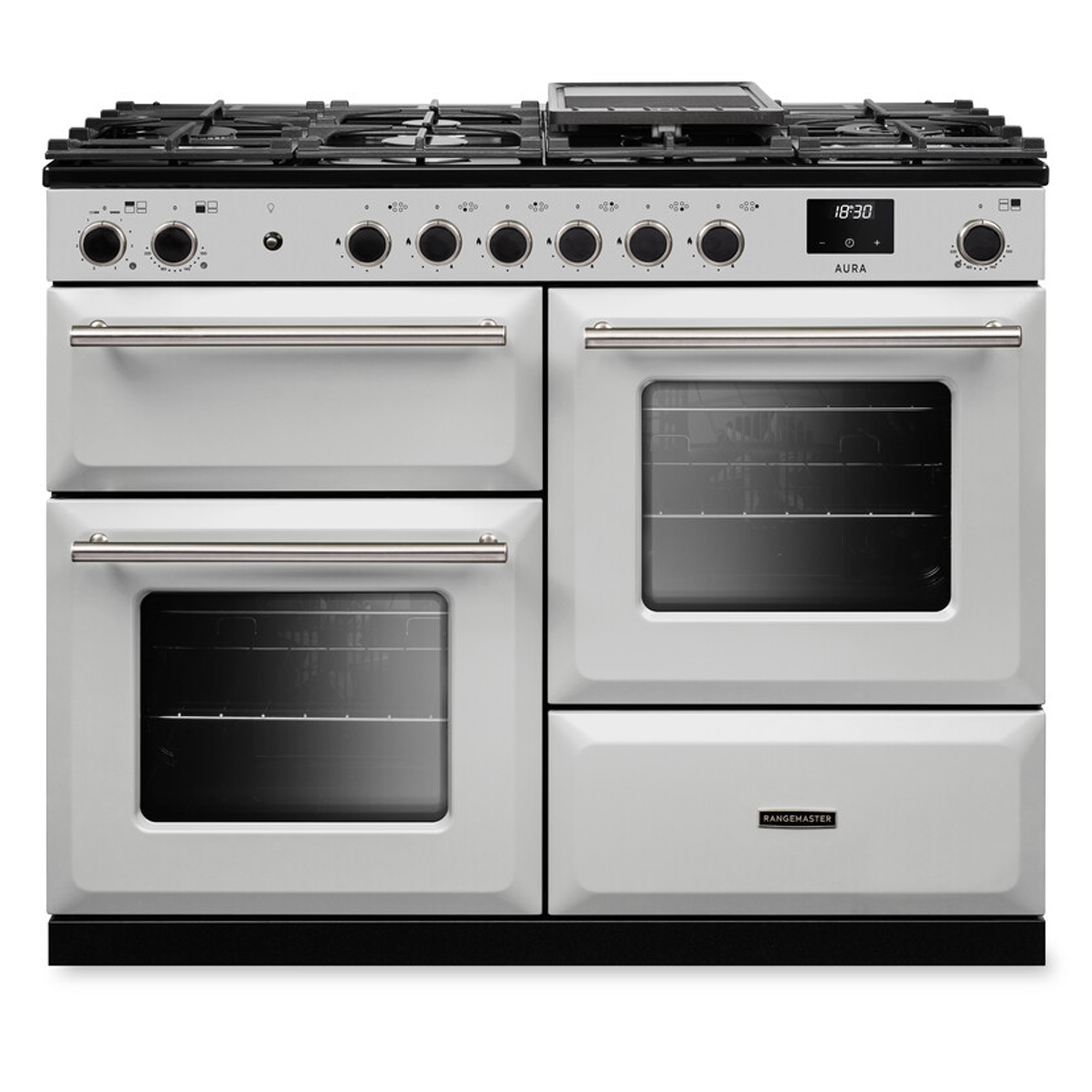 Rangemaster Aura 110cm Dual Fuel Range Cooker AURAO110DFPWHT/BN1 - White / Brushed Nickel