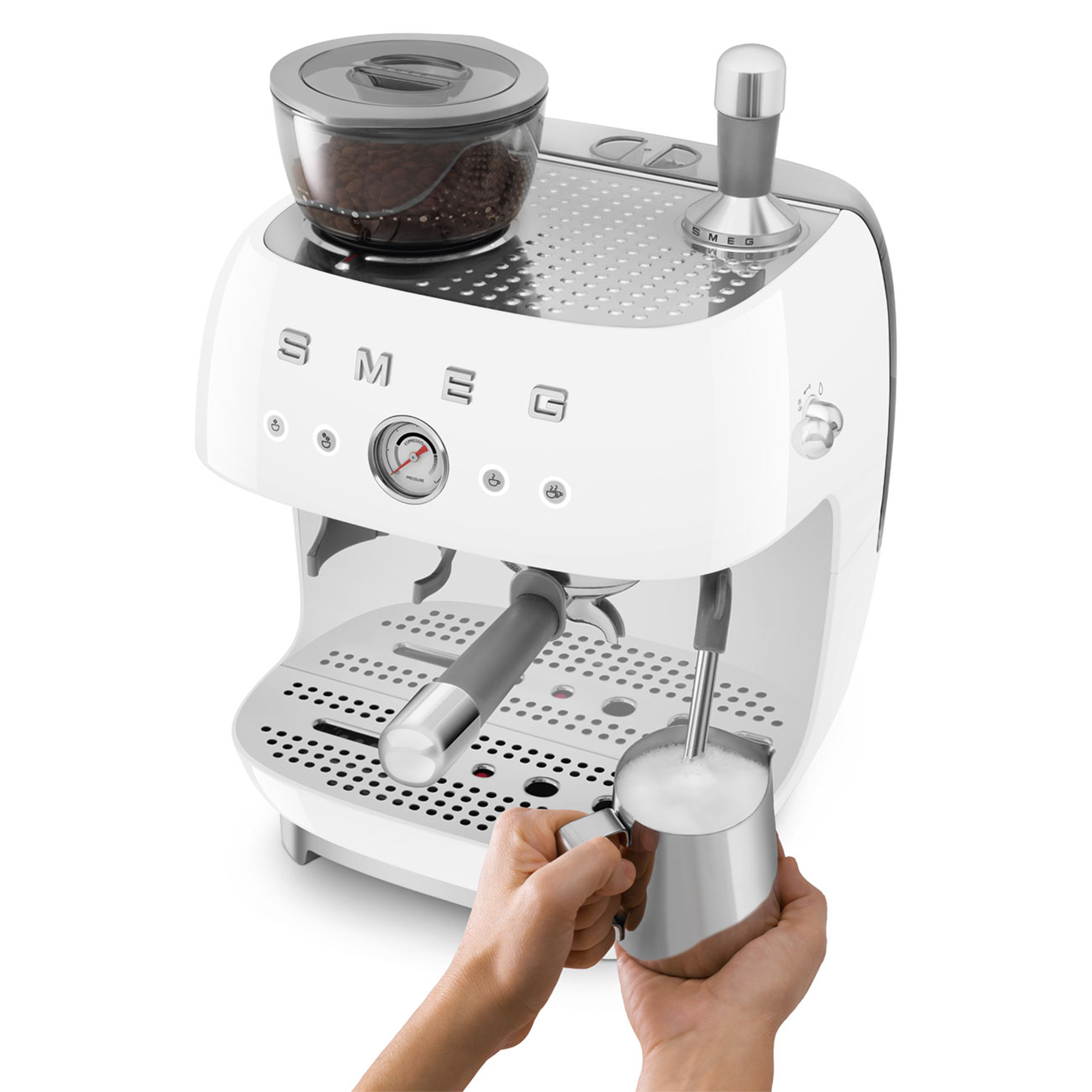 Smeg Freestanding Retro Espresso Coffee Machine With Grinder EGF03WHUK - White Smeg Freestanding Retro Espresso Coffee Machine With Grinder EGF03WHUK - White