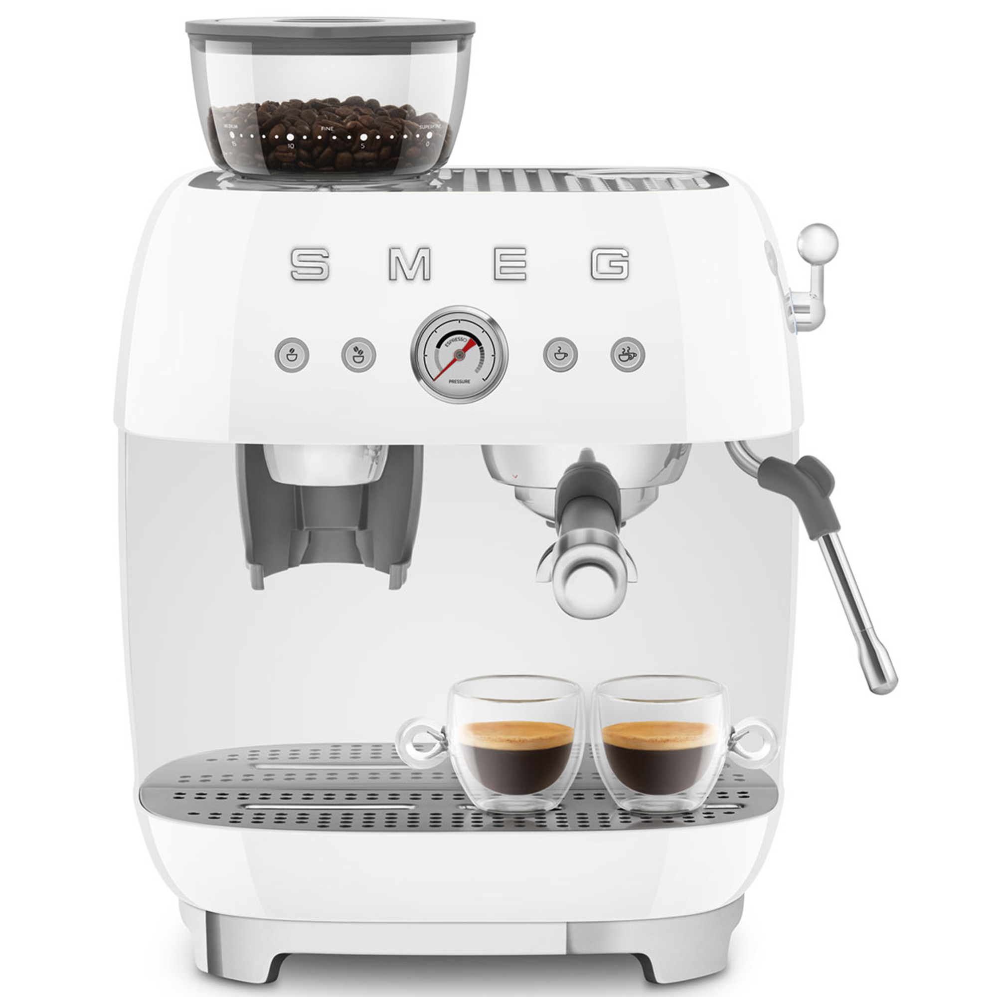 Smeg Freestanding Retro Espresso Coffee Machine With Grinder EGF03WHUK - White Smeg Freestanding Retro Espresso Coffee Machine With Grinder EGF03WHUK - White