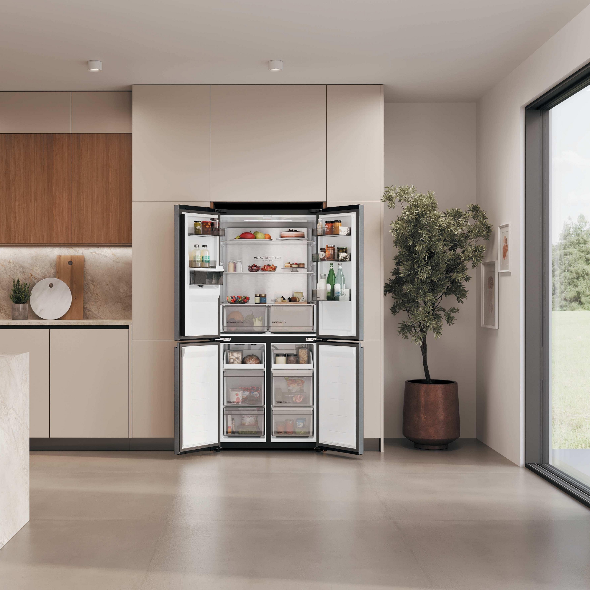 Haier 83cm Rise Cube Series Four Door Fridge Freezer With Water Dispenser Non Plumbed HCR58S18CWMM - Stainless Steel Haier 83cm Rise Cube Series Four Door Fridge Freezer With Water Dispenser Non Plumbed HCR58S18CWMM - Stainless Steel