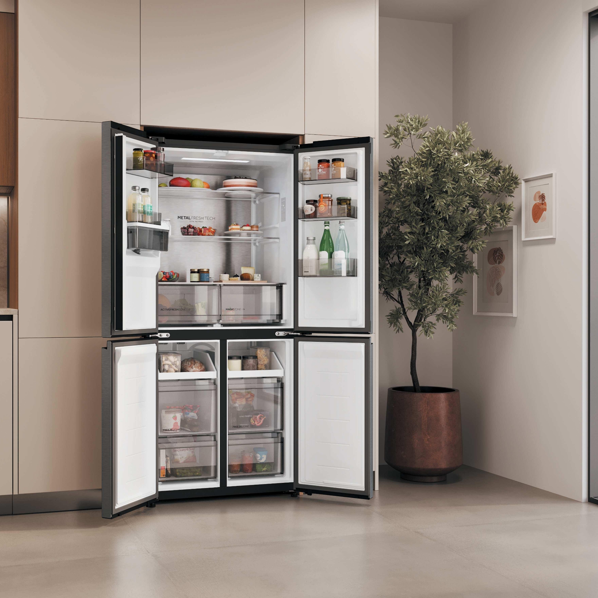 Haier 83cm Rise Cube Series Four Door Fridge Freezer With Water Dispenser Non Plumbed HCR58S18CWMM - Stainless Steel Haier 83cm Rise Cube Series Four Door Fridge Freezer With Water Dispenser Non Plumbed HCR58S18CWMM - Stainless Steel
