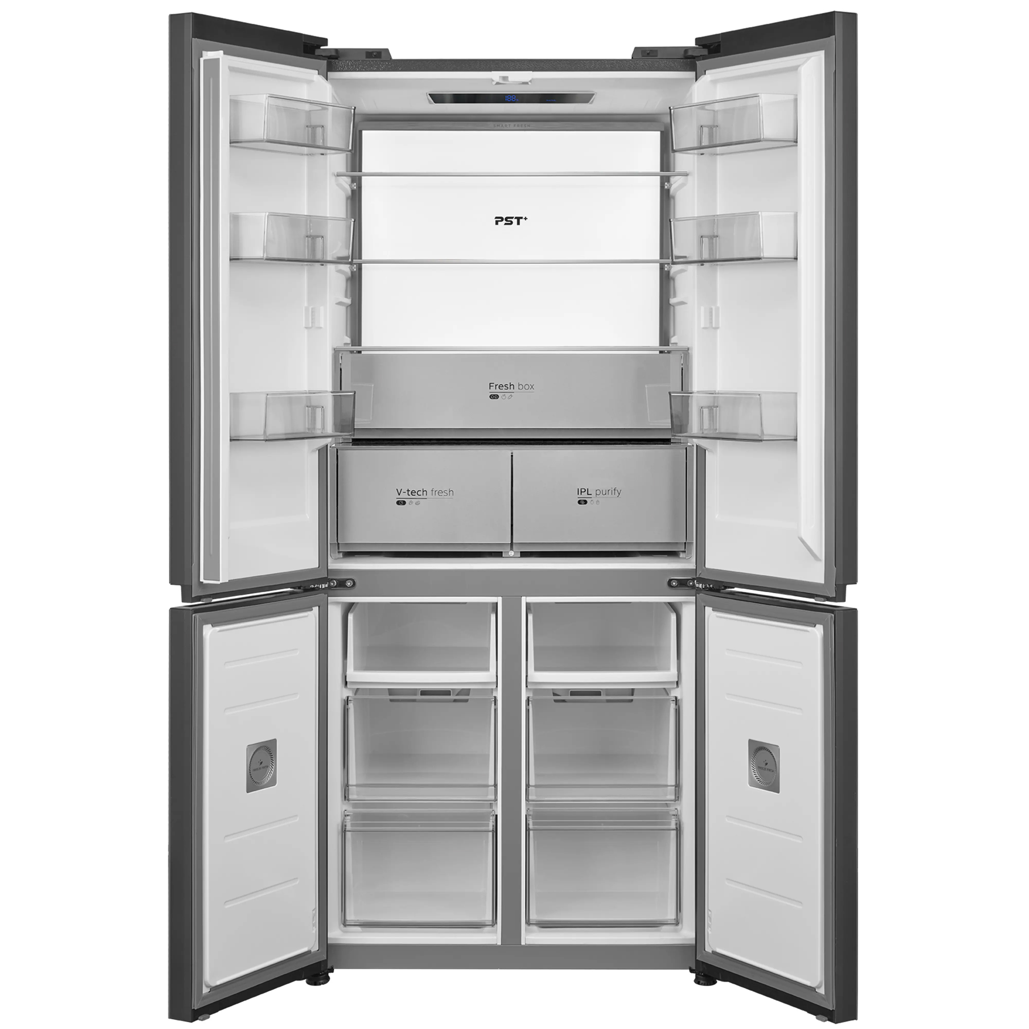 Midea 83.3cm Total No Frost Freestanding French Style Four Door Fridge Freezer MDRM706BIE70 - Sapphire Glass Midea 83.3cm Total No Frost Freestanding French Style Four Door Fridge Freezer MDRM706BIE70 - Sapphire Glass