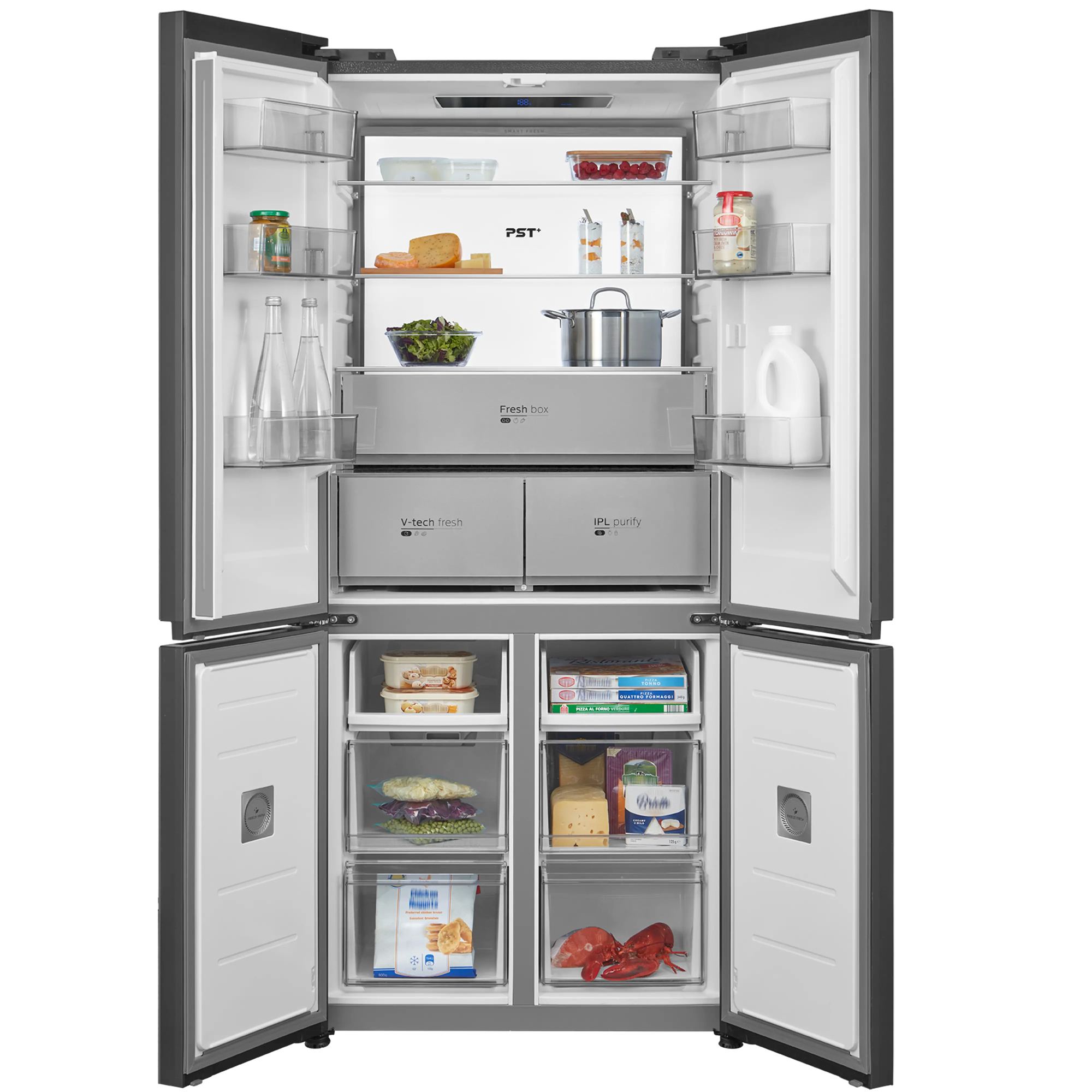 Midea 83.3cm Total No Frost Freestanding French Style Four Door Fridge Freezer MDRM706BIE70 - Sapphire Glass Midea 83.3cm Total No Frost Freestanding French Style Four Door Fridge Freezer MDRM706BIE70 - Sapphire Glass