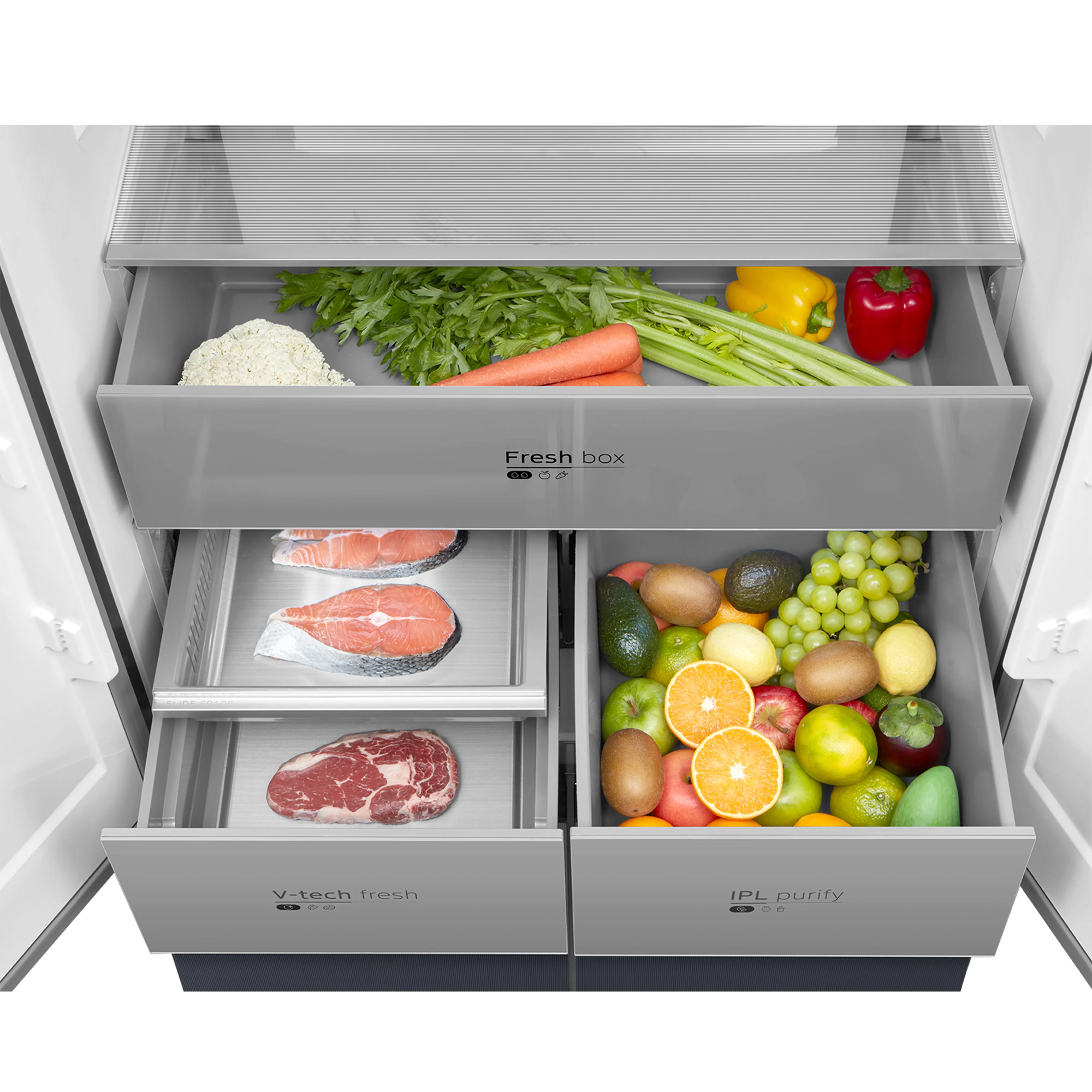 Midea 83.3cm Total No Frost Freestanding French Style Four Door Fridge Freezer MDRM706BIE70 - Sapphire Glass Midea 83.3cm Total No Frost Freestanding French Style Four Door Fridge Freezer MDRM706BIE70 - Sapphire Glass