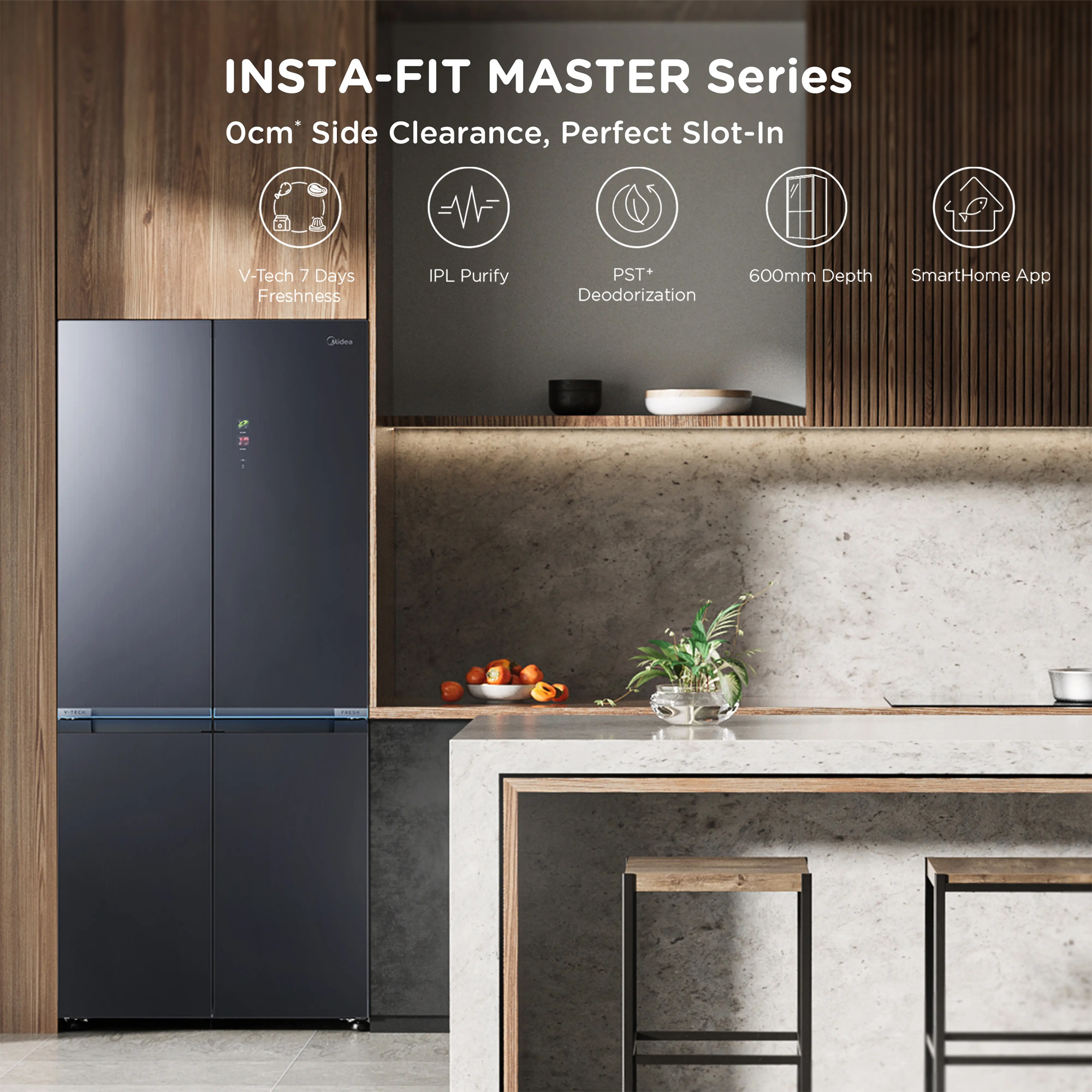 Midea 83.3cm Total No Frost Freestanding French Style Four Door Fridge Freezer MDRM706BIE70 - Sapphire Glass Midea 83.3cm Total No Frost Freestanding French Style Four Door Fridge Freezer MDRM706BIE70 - Sapphire Glass