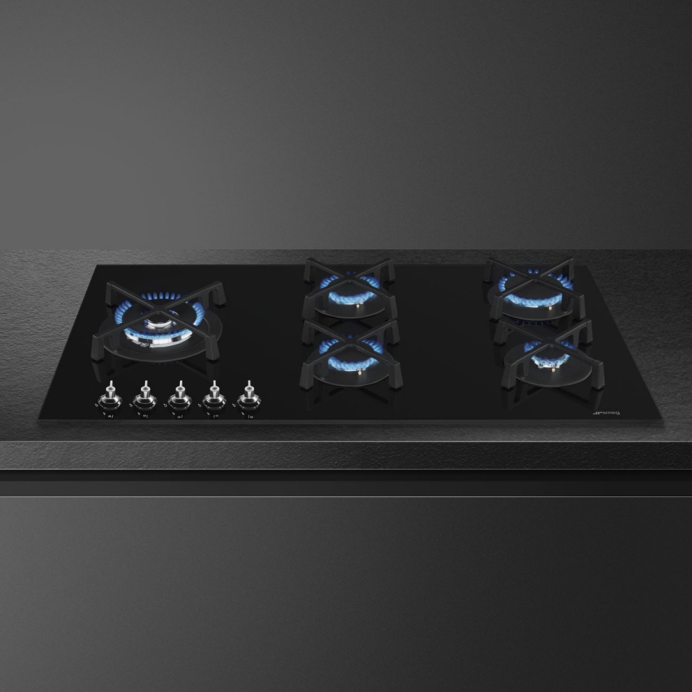 Smeg Classic 90cm 5 Burner Gas On Glass Hob PV395LN - BLACK Smeg Classic 90cm 5 Burner Gas On Glass Hob PV395LN - BLACK