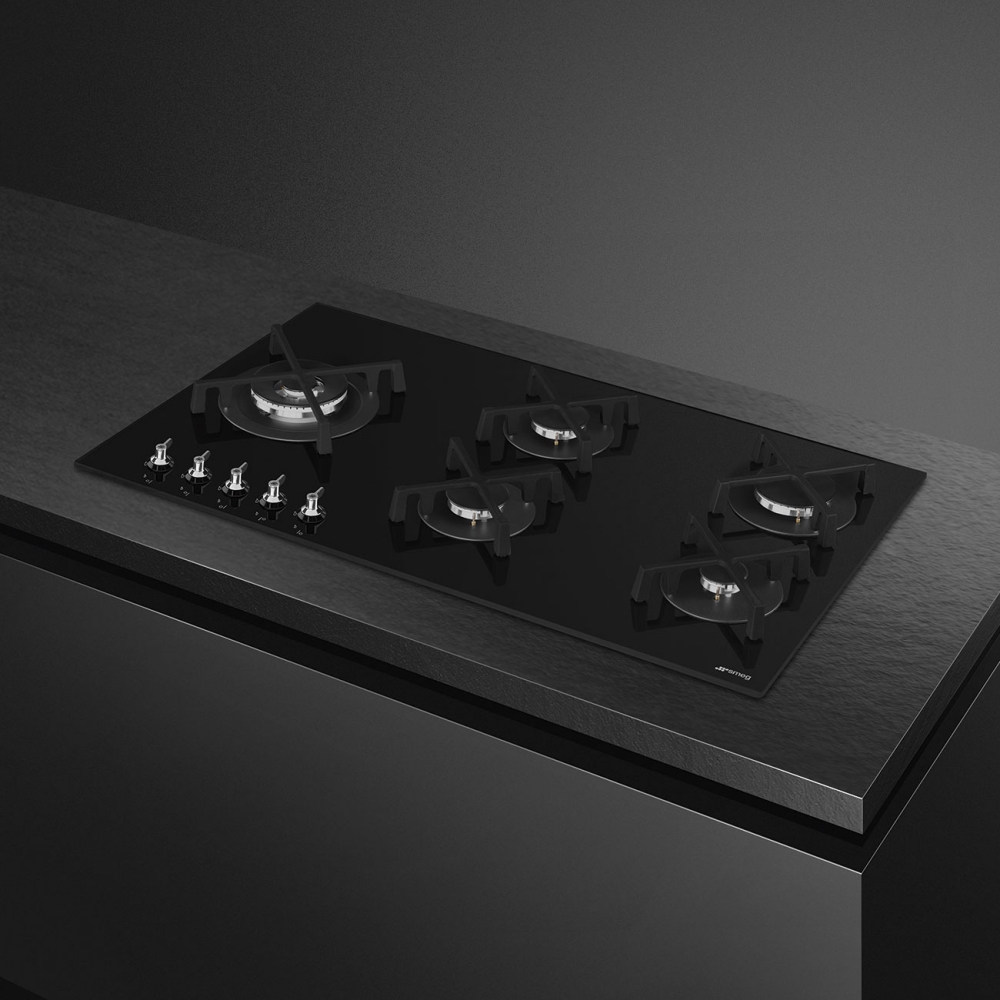 Smeg Classic 90cm 5 Burner Gas On Glass Hob PV395LN - BLACK Smeg Classic 90cm 5 Burner Gas On Glass Hob PV395LN - BLACK