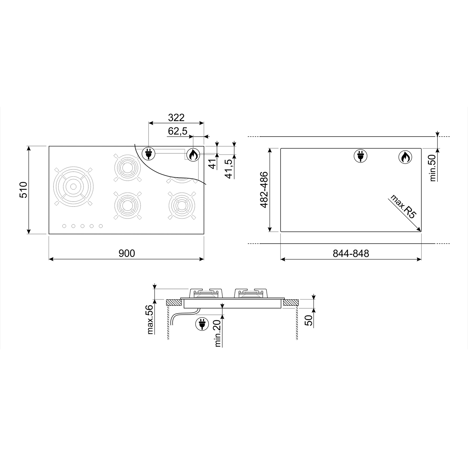 Smeg Classic 90cm 5 Burner Gas On Glass Hob PV395LN - BLACK Smeg Classic 90cm 5 Burner Gas On Glass Hob PV395LN - BLACK