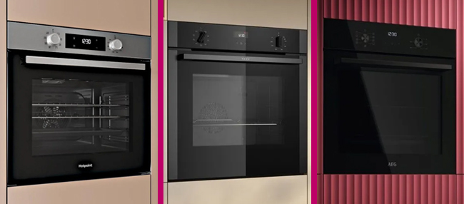 3 built in ovens in different colours: stainless steel, gunmetal and black