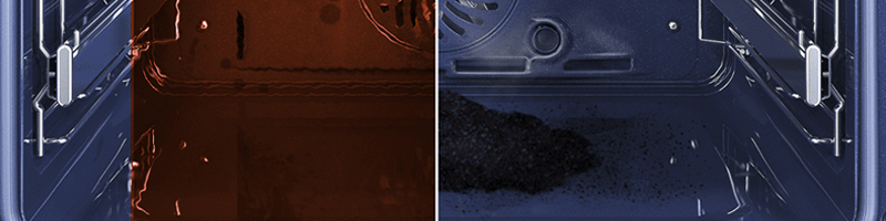 displays the before and after of an oven after using pyrolytic cleaning